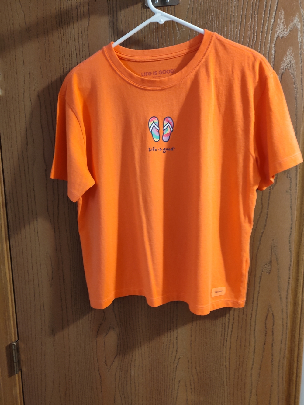 Life is Good Women's Orange Short-Sleeve Tee with Flip Flop Graphic